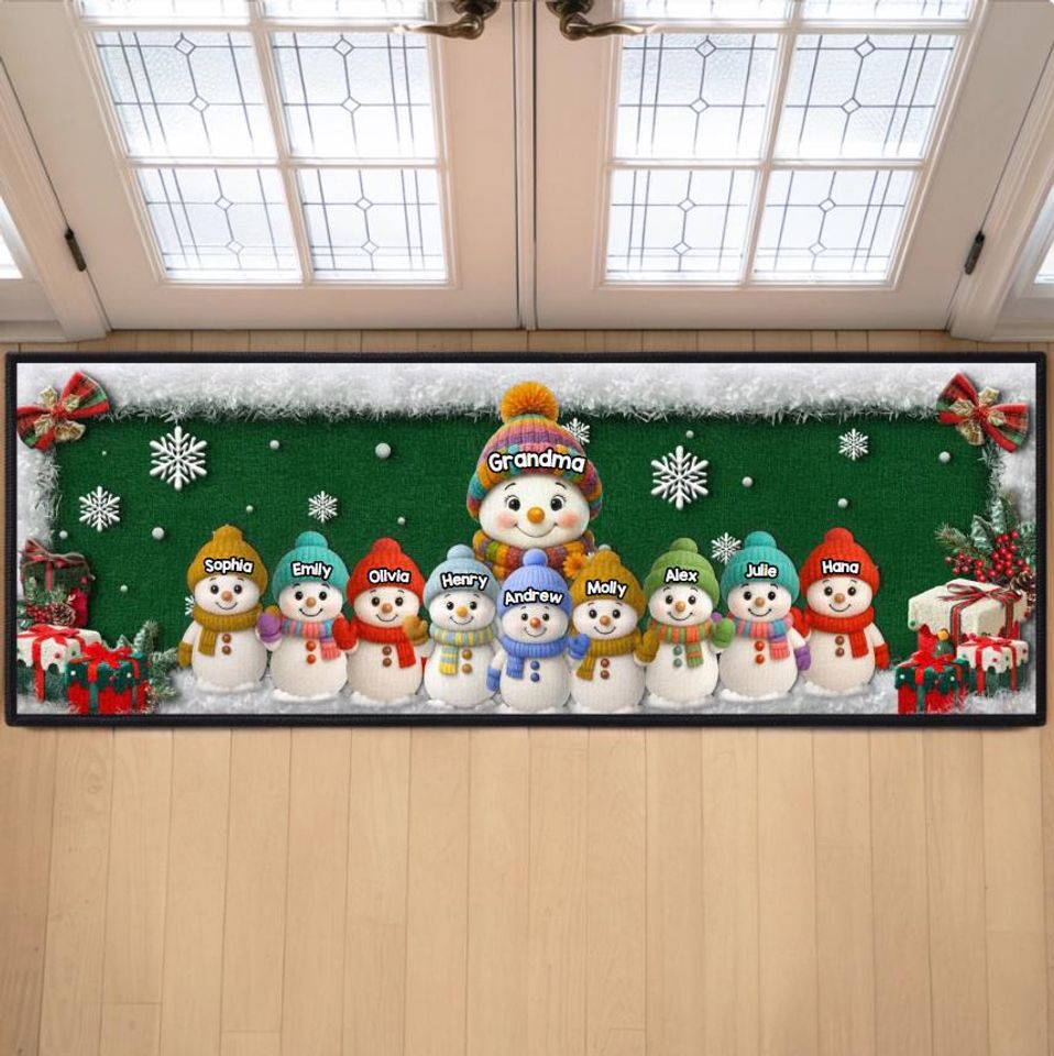 Christmas Snowman Runner Rug with Custom Grandkids’ Names for Mom and Dad