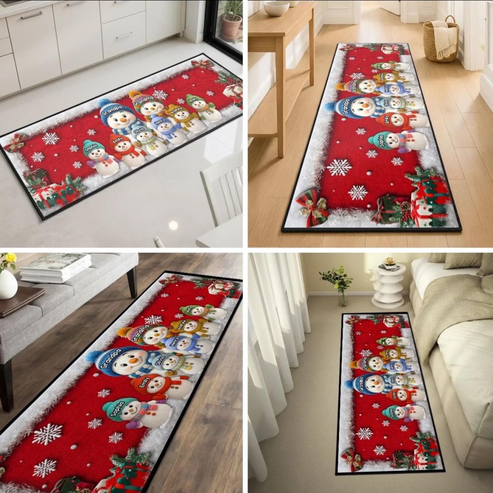 Christmas Snowman Runner Rug with Custom Grandkids’ Names for Mom and Dad