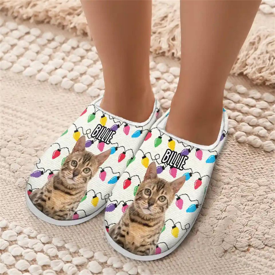 Custom Photo Christmas Light Pet Face - Personalized Fluffy Slipper