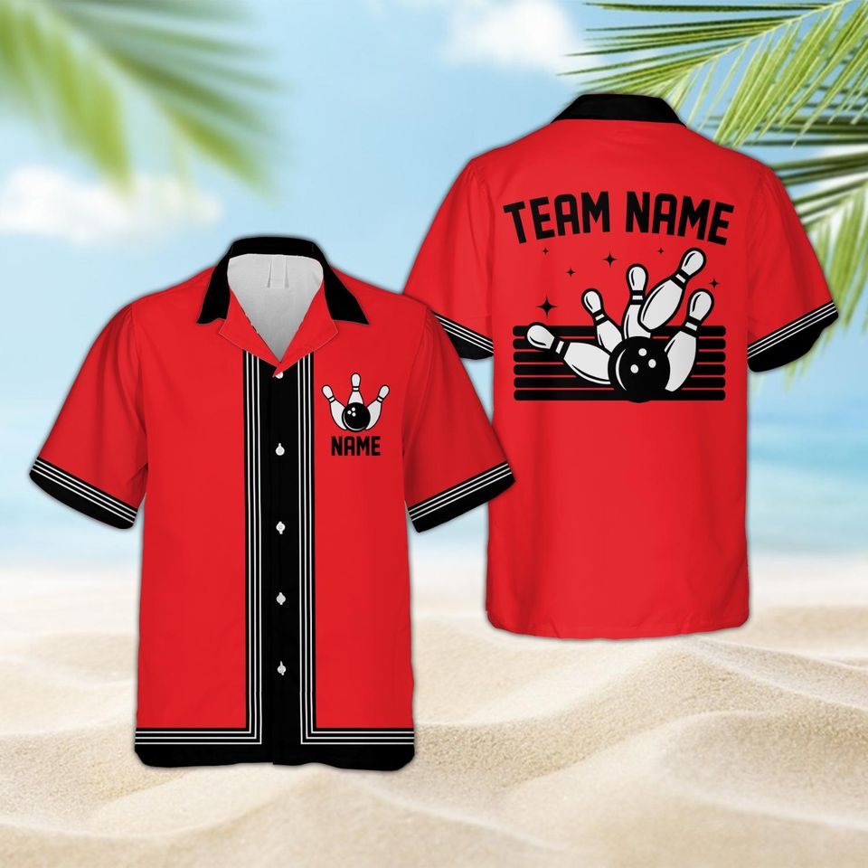 Personalized Hawaiian Bowling Shirt, Custom Name Retro Bowling Team Button Shirt