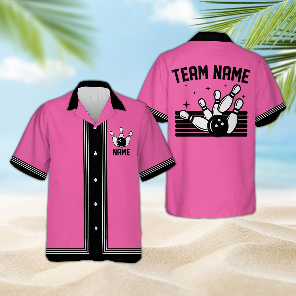 Personalized Hawaiian Bowling Shirt, Custom Name Retro Bowling Team Button Shirt
