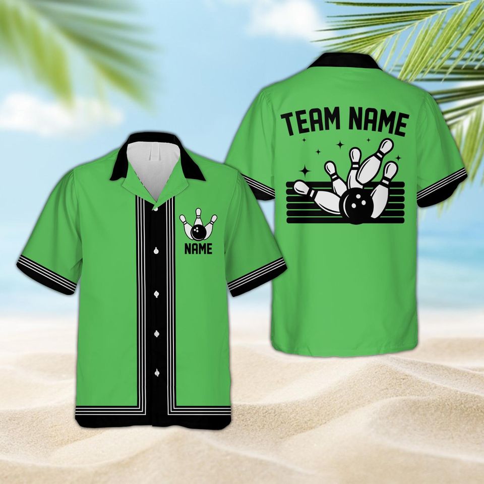 Personalized Hawaiian Bowling Shirt, Custom Name Retro Bowling Team Button Shirt