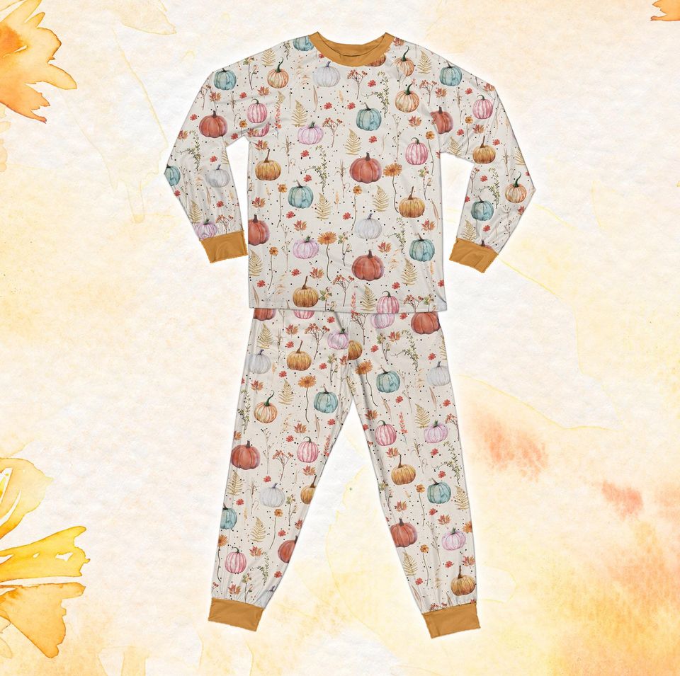 Fall Pumpkin Pajamas Set, Retro Floral Cozy Season Long Sleeve Two Piece Pajama, Girly Fall Lover Pajamas, Autumn Vibes Loungewear Gift
