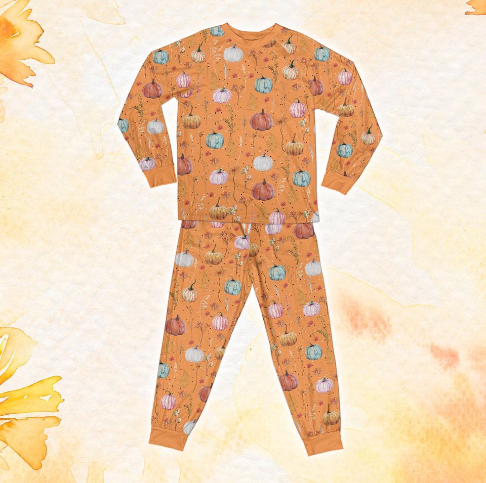 Fall Pumpkin Pajamas Set, Retro Floral Cozy Season Long Sleeve Two Piece Pajama, Girly Fall Lover Pajamas, Autumn Vibes Loungewear Gift