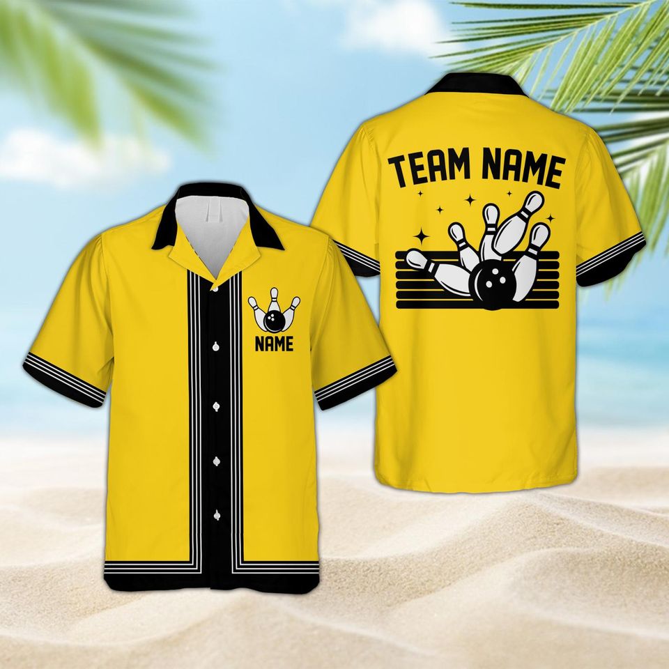 Personalized Hawaiian Bowling Shirt, Custom Name Retro Bowling Team Button Shirt