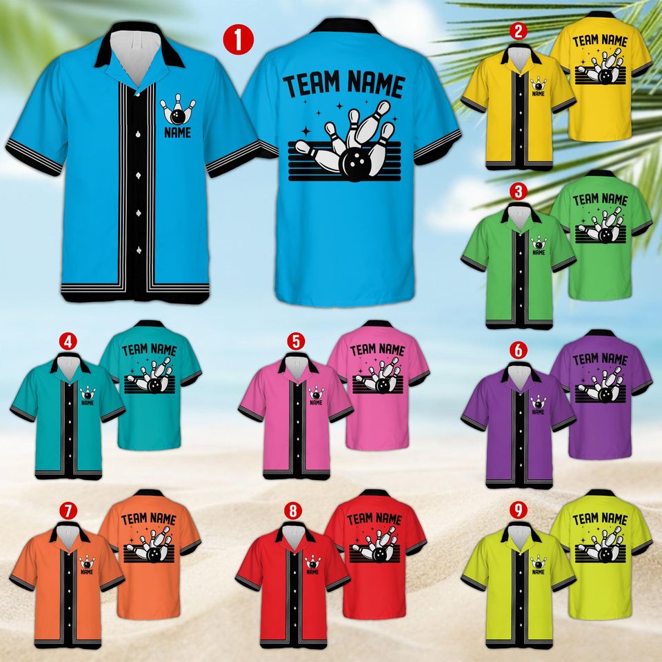 Personalized Hawaiian Bowling Shirt, Custom Name Retro Bowling Team Button Shirt