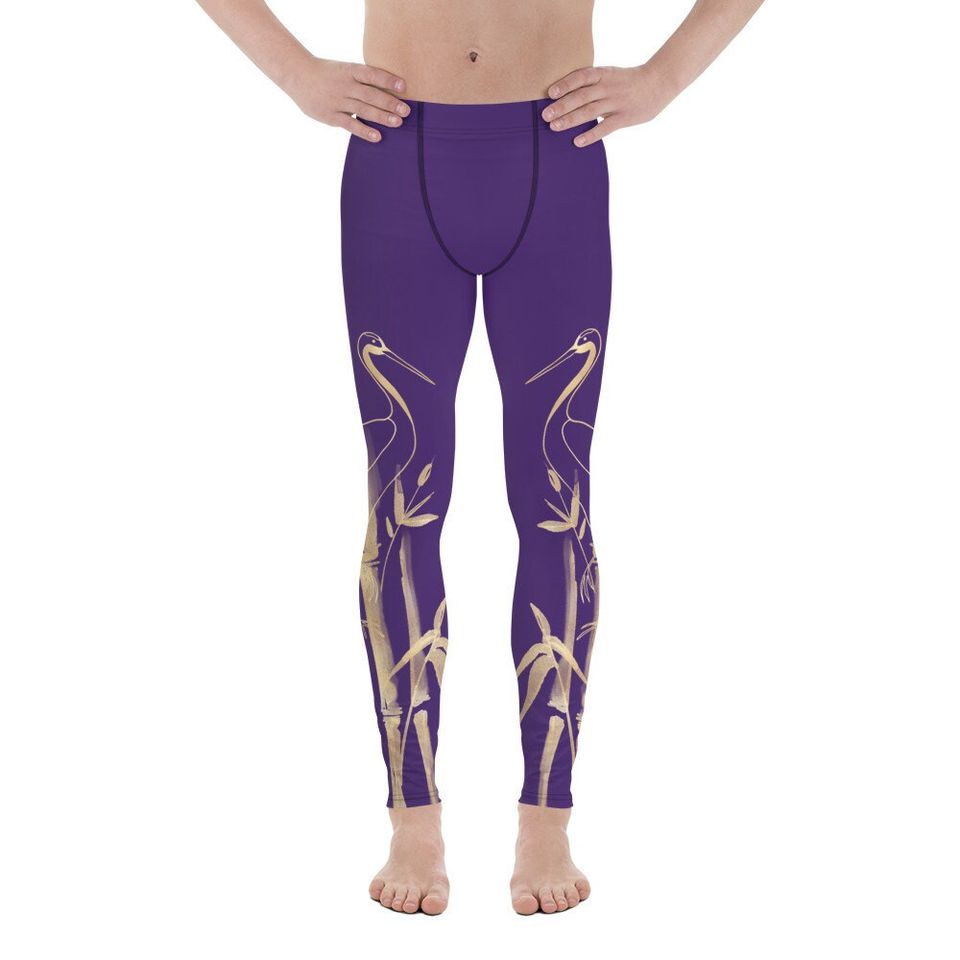 Men's Leggings  Gold Grane, Gold Bamboo Leaf, Purple background