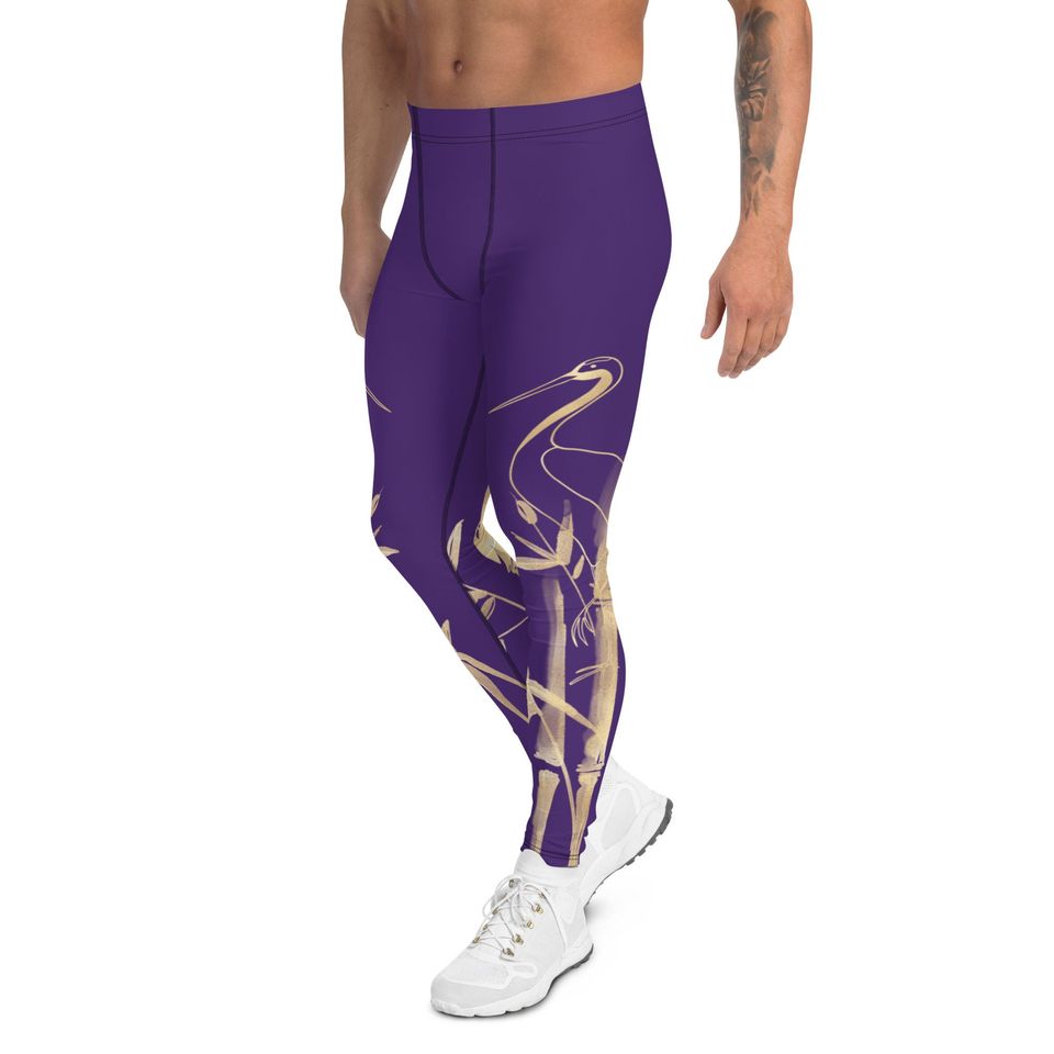 Men's Leggings  Gold Grane, Gold Bamboo Leaf, Purple background