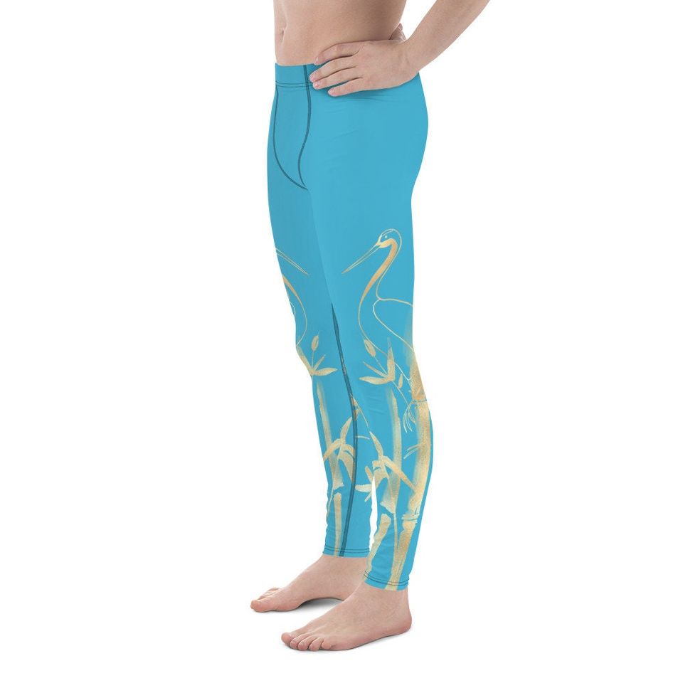 Men's Leggings  Gold Grane, Gold Bamboo Leaf, Summer Sky Blue background