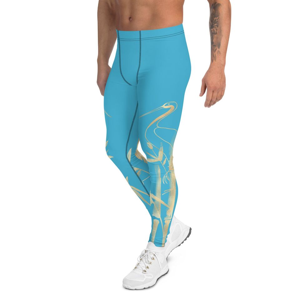 Men's Leggings  Gold Grane, Gold Bamboo Leaf, Summer Sky Blue background