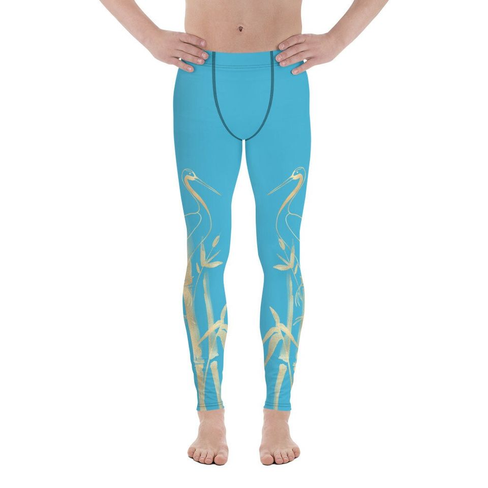 Men's Leggings  Gold Grane, Gold Bamboo Leaf, Summer Sky Blue background