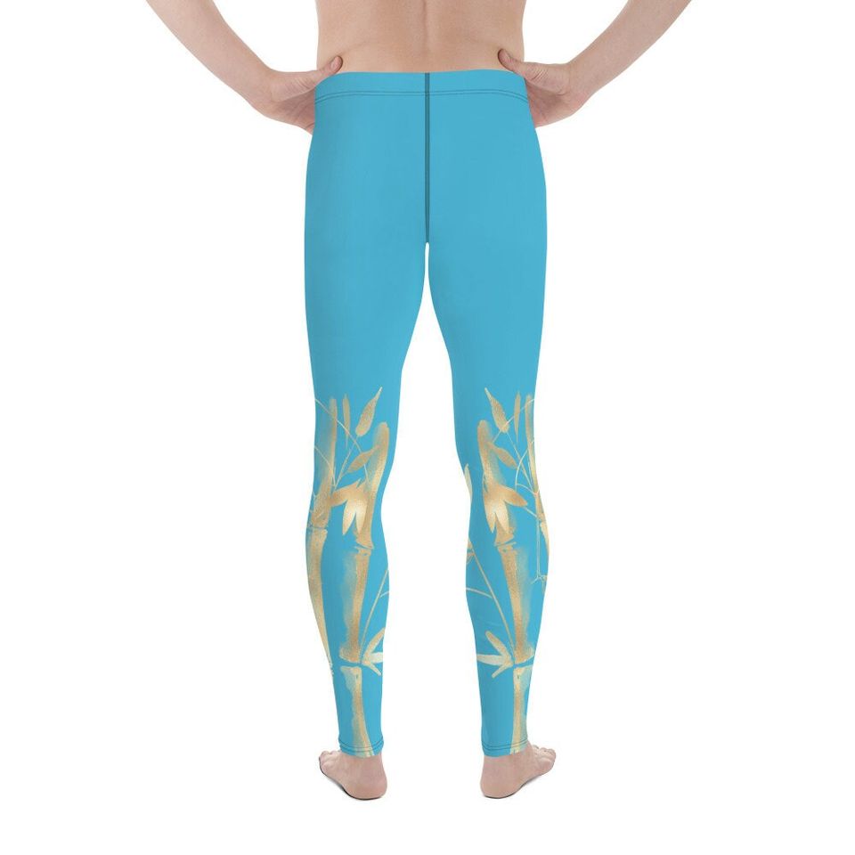 Men's Leggings  Gold Grane, Gold Bamboo Leaf, Summer Sky Blue background