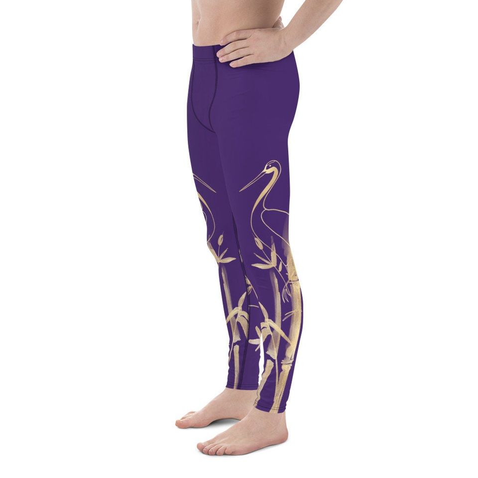 Men's Leggings  Gold Grane, Gold Bamboo Leaf, Purple background