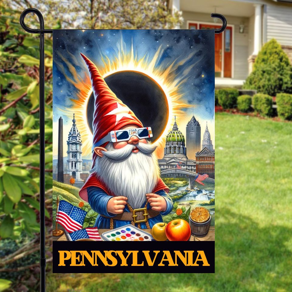 Pennsylvania Total Solar Eclipse 2024 Gnome Garden Flag, 2024 solar eclipse, Outdoor Spring Garden Flag