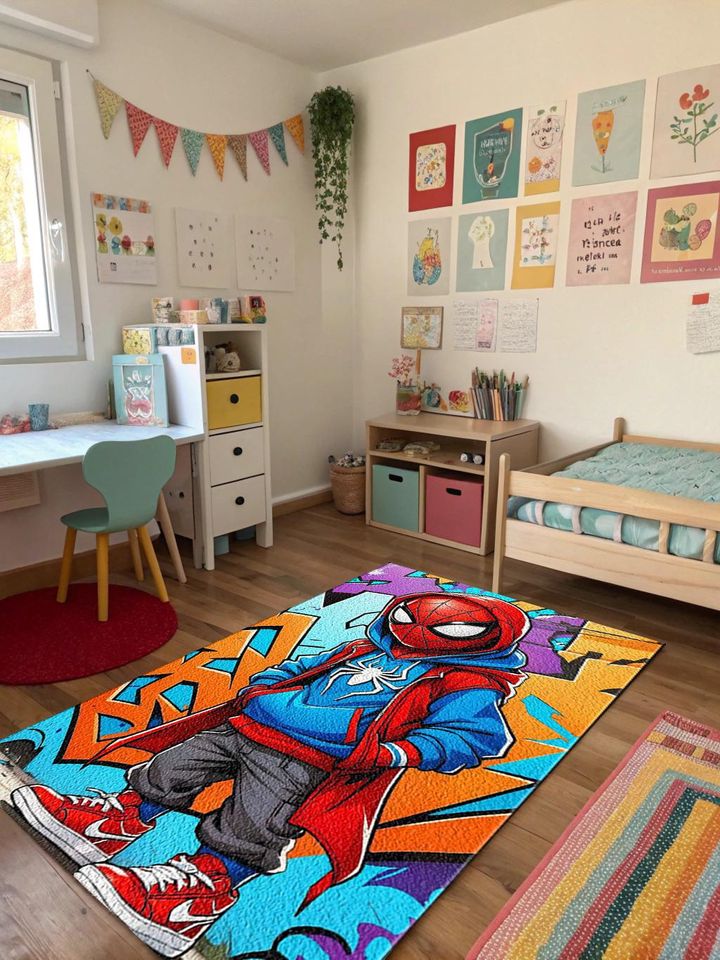 Spiderman Rug: 3D Print Kids Room Decor, Non-Slip Cotton Blend
