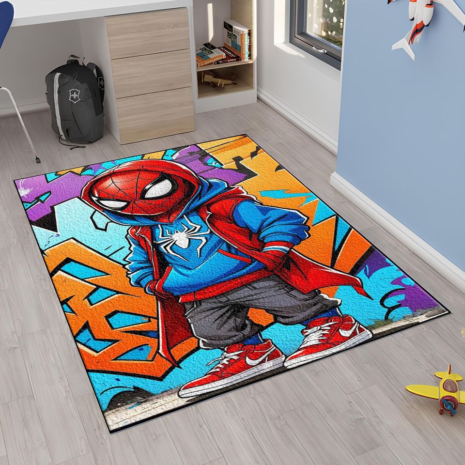 Spiderman Rug: 3D Print Kids Room Decor, Non-Slip Cotton Blend