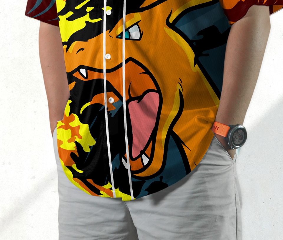 Charizard Baseball Jersey Shirt Charizard Fire Japanese Anime Jersey Shirt Gift