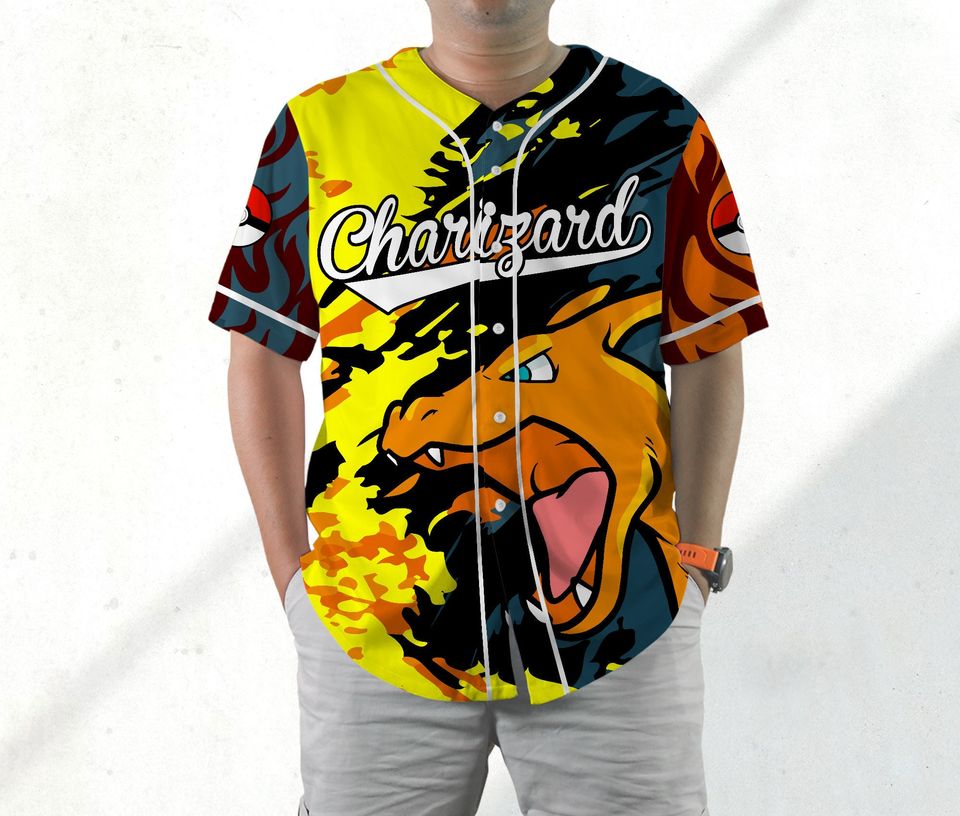 Charizard Baseball Jersey Shirt Charizard Fire Japanese Anime Jersey Shirt Gift