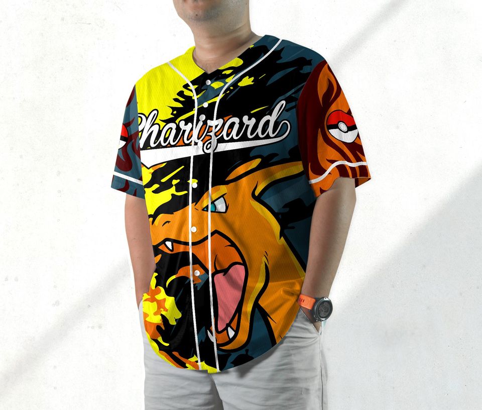 Charizard Baseball Jersey Shirt Charizard Fire Japanese Anime Jersey Shirt Gift