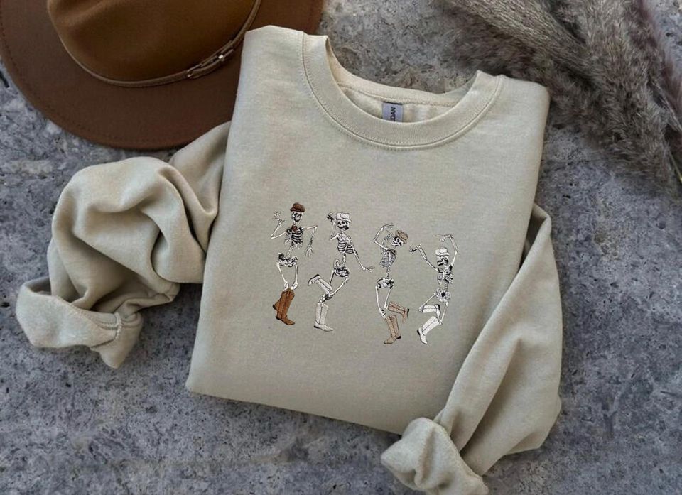 Cowboy Skeletons Embroidered Sweatshirt, Dancing Skeleton Sweater