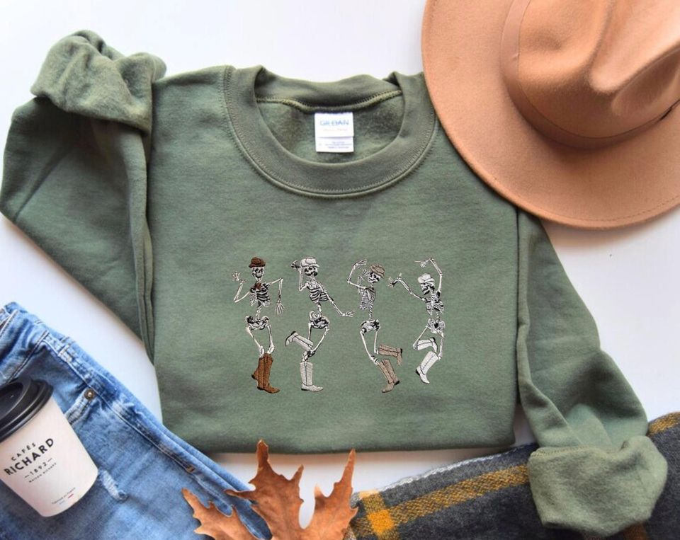 Cowboy Skeletons Embroidered Sweatshirt, Dancing Skeleton Sweater