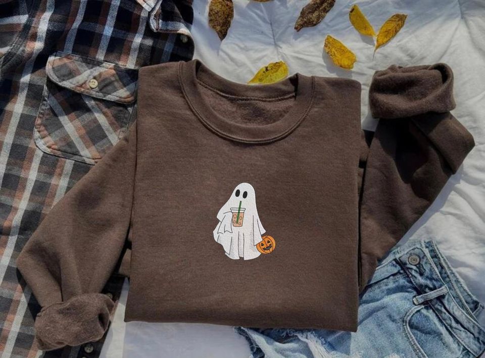 Ghost with Coffee Embroidered Sweatshirt, Halloween Embroidered Sweatshirt