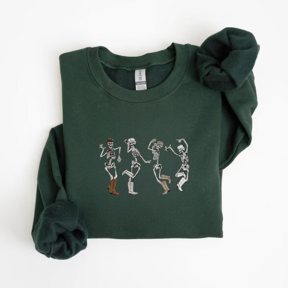Cowboy Skeletons Embroidered Sweatshirt, Dancing Skeleton Sweater