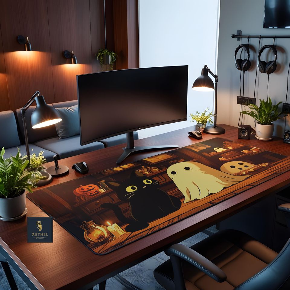 Cute Cat and Ghost Desk Mat- Halloween RGB Desk Mat
