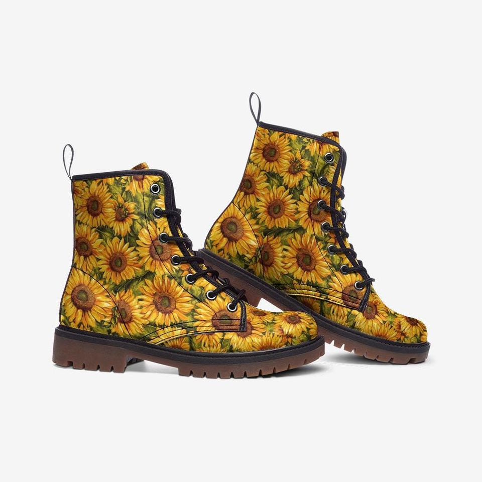 Sunflower Boots Floral Combat Boots Sunflower Casual Leather Boots