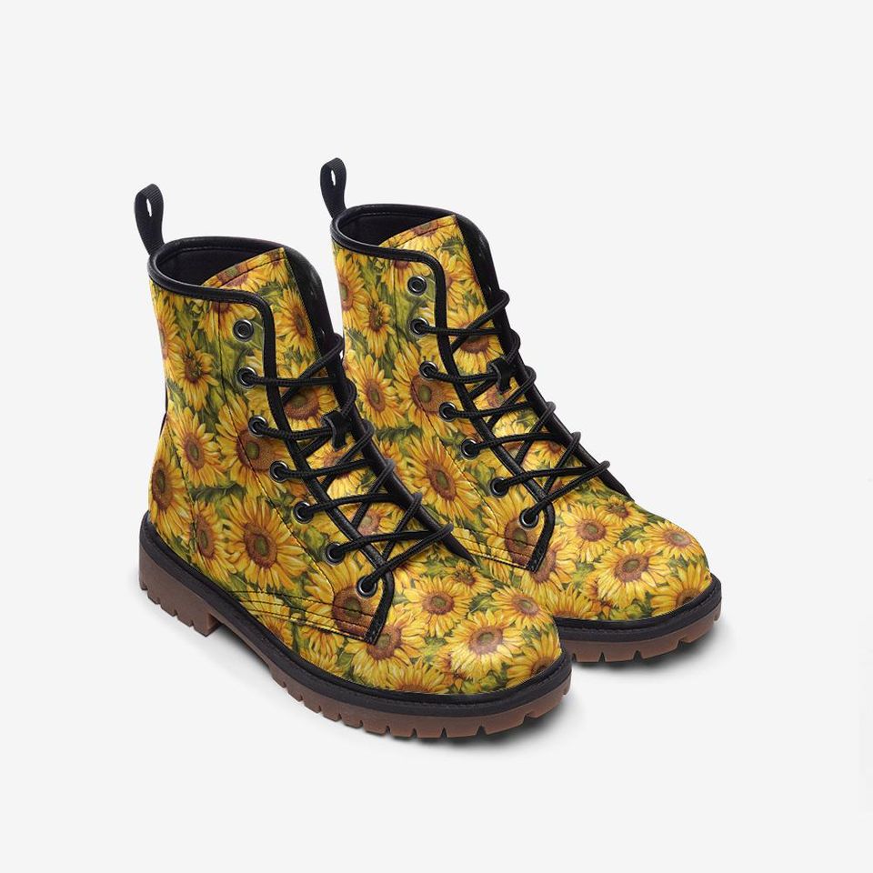 Sunflower Boots Floral Combat Boots Sunflower Casual Leather Boots