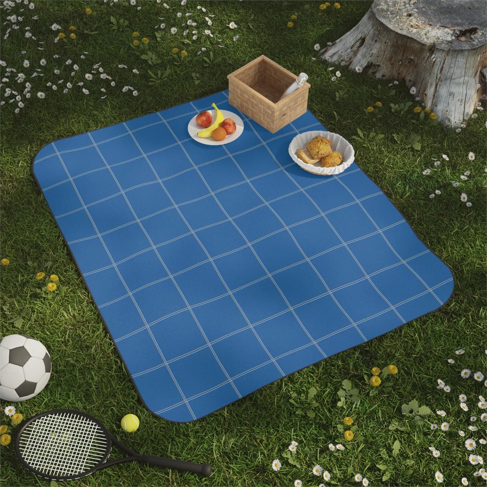Blue & Gray Windowpane Picnic Mat, Classic Preppy Park Beach Camping Throw, Gift