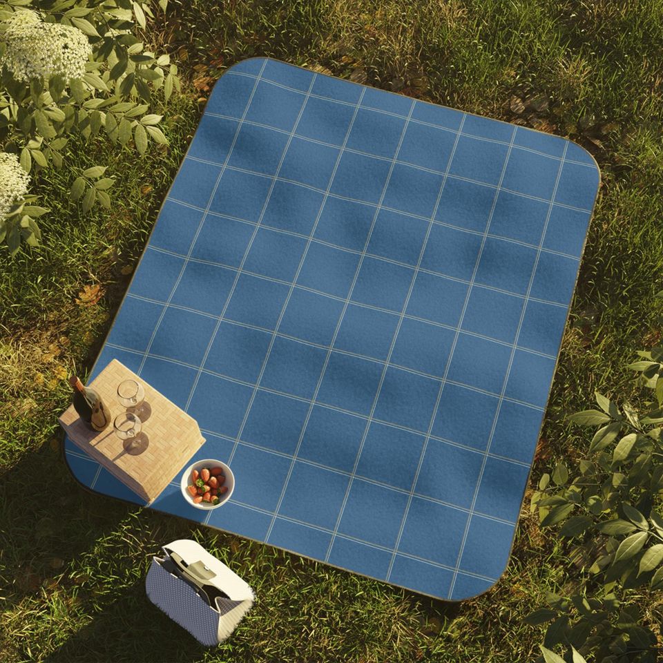Blue & Gray Windowpane Picnic Mat, Classic Preppy Park Beach Camping Throw, Gift