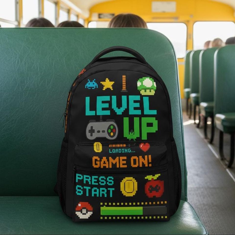 Level Up Gamer Backpack  Pixel Art School Bag  | Video Game Backpack for Kids