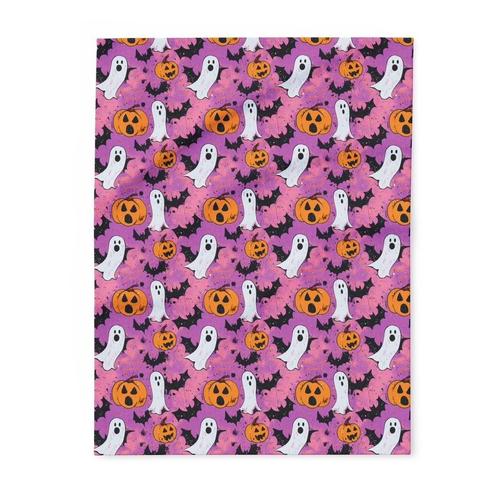 Pink Halloween Cozy Snuggle Fleece Blanket: Ghost, Pumpkin, Vampire Black Bat Design