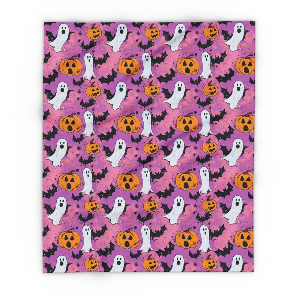 Pink Halloween Cozy Snuggle Fleece Blanket: Ghost, Pumpkin, Vampire Black Bat Design