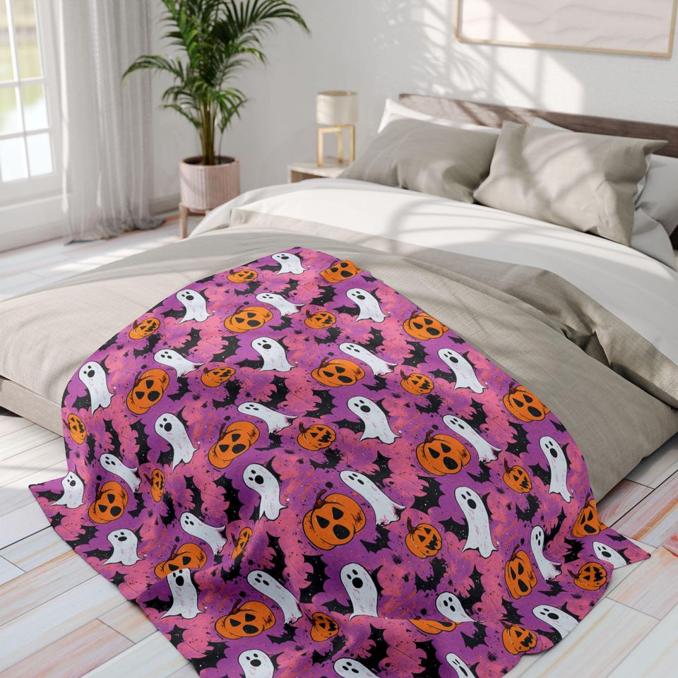 Pink Halloween Cozy Snuggle Fleece Blanket: Ghost, Pumpkin, Vampire Black Bat Design