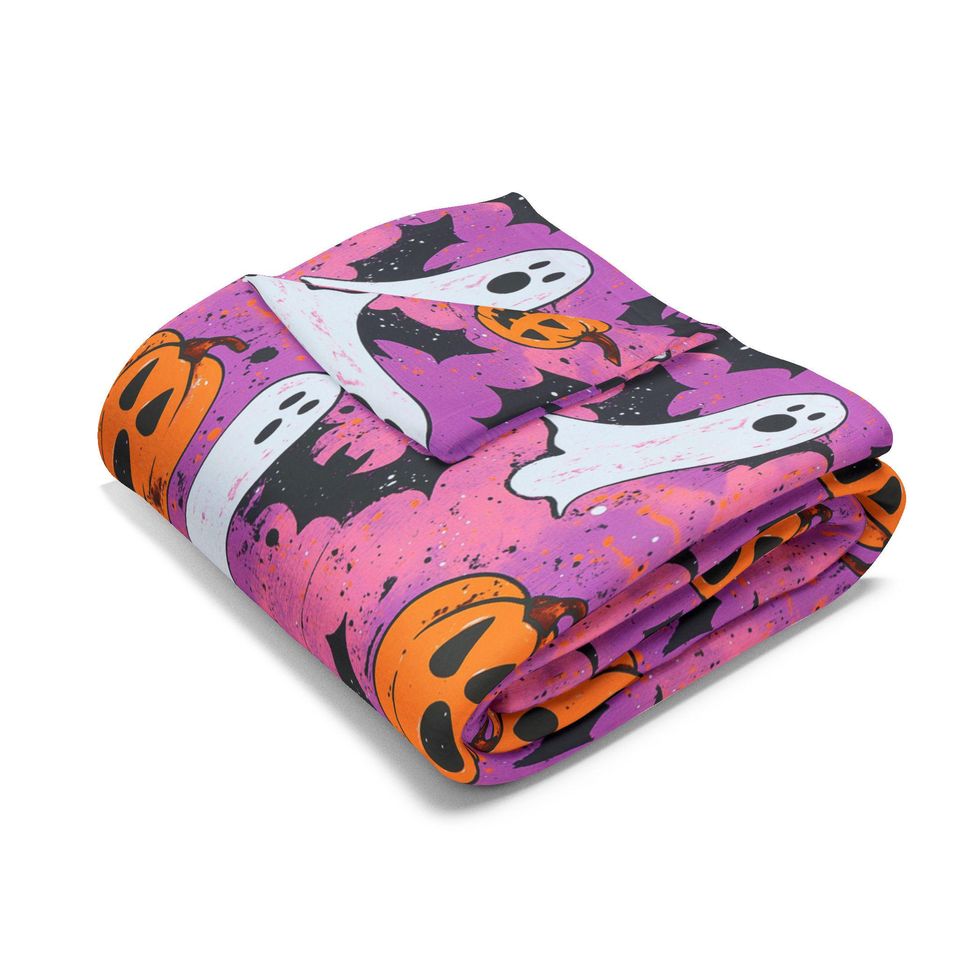 Pink Halloween Cozy Snuggle Fleece Blanket: Ghost, Pumpkin, Vampire Black Bat Design
