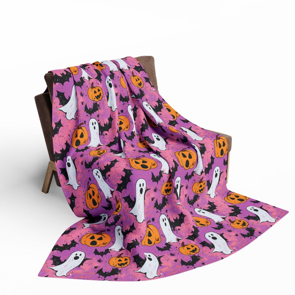 Pink Halloween Cozy Snuggle Fleece Blanket: Ghost, Pumpkin, Vampire Black Bat Design