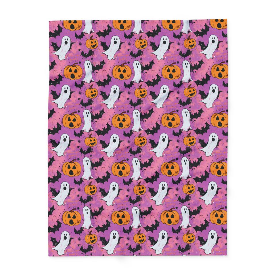 Pink Halloween Cozy Snuggle Fleece Blanket: Ghost, Pumpkin, Vampire Black Bat Design