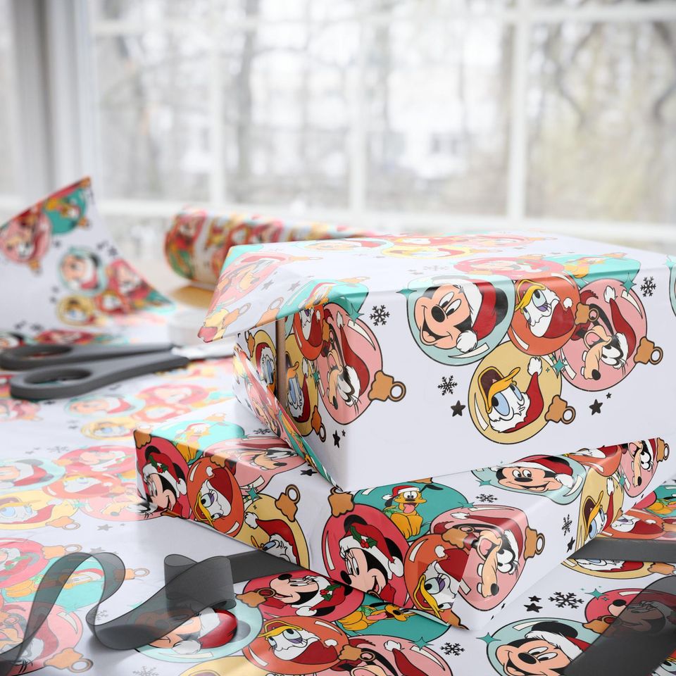 Festive Christmas Gift Wrap: Mickey Mouse Holiday Ornaments