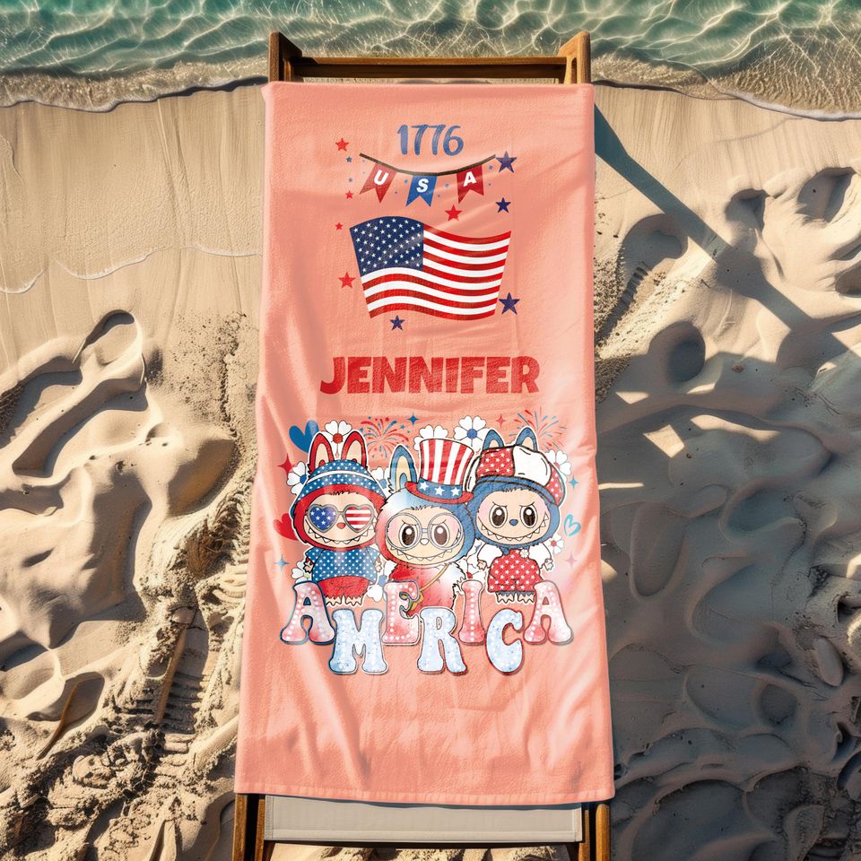 Labubu Personalized Beach Towel - Custom Name Bath Towel for Pool and Beach