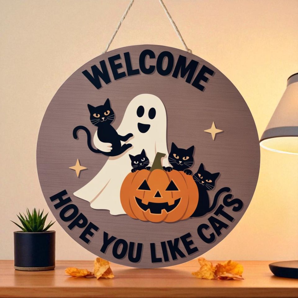 Halloween Welcome Sign: Ghost Cat Door Hanger, Cat Lover Decor