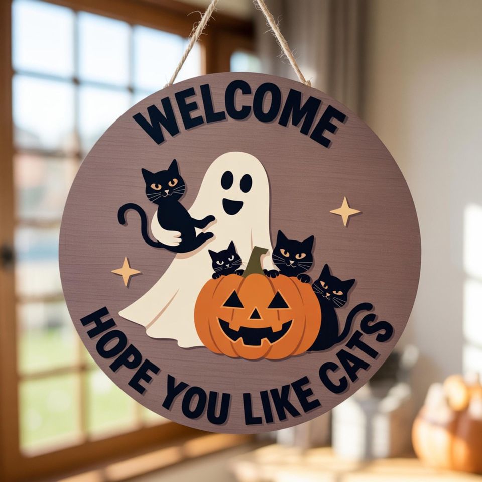 Halloween Welcome Sign: Ghost Cat Door Hanger, Cat Lover Decor