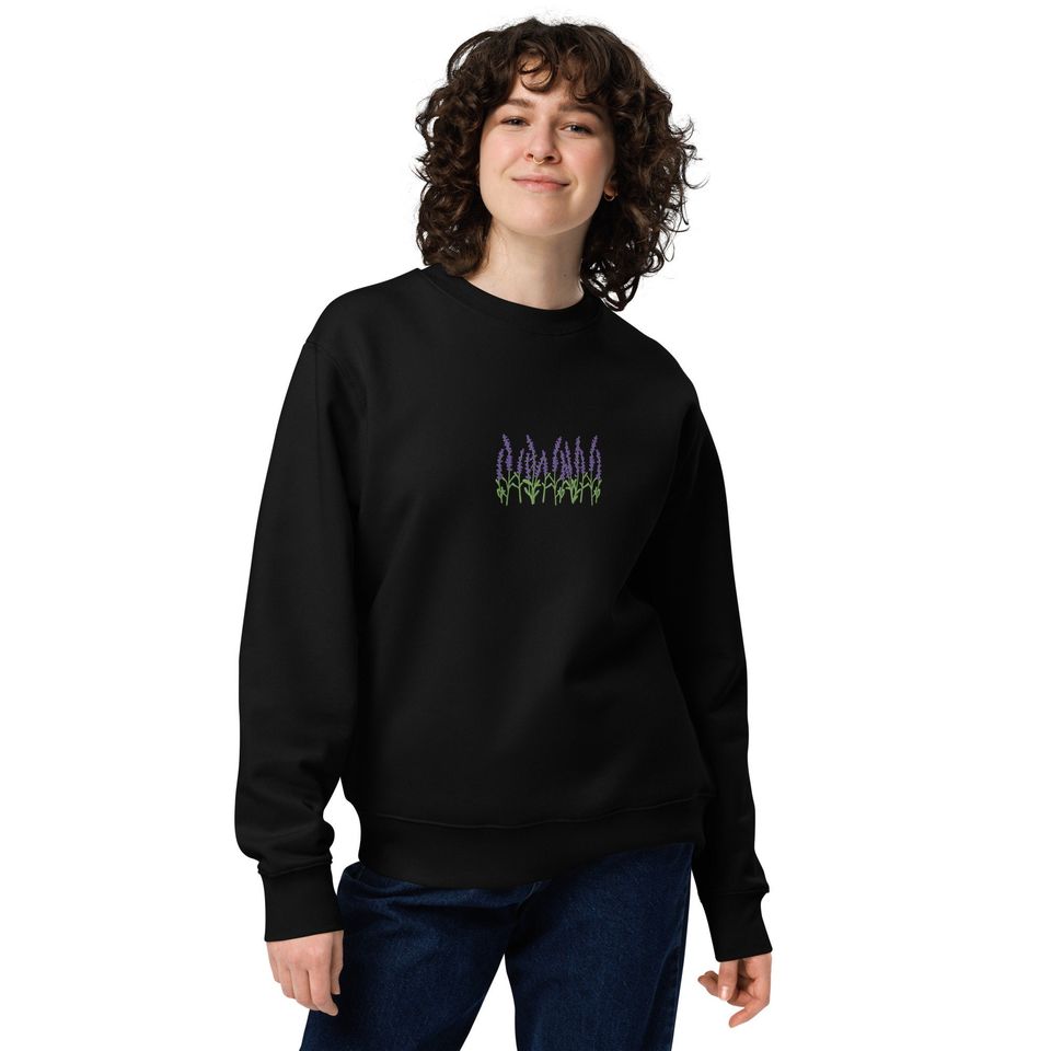 Lavender Organic Embroidered Sweatshirt Minimal Plant Design