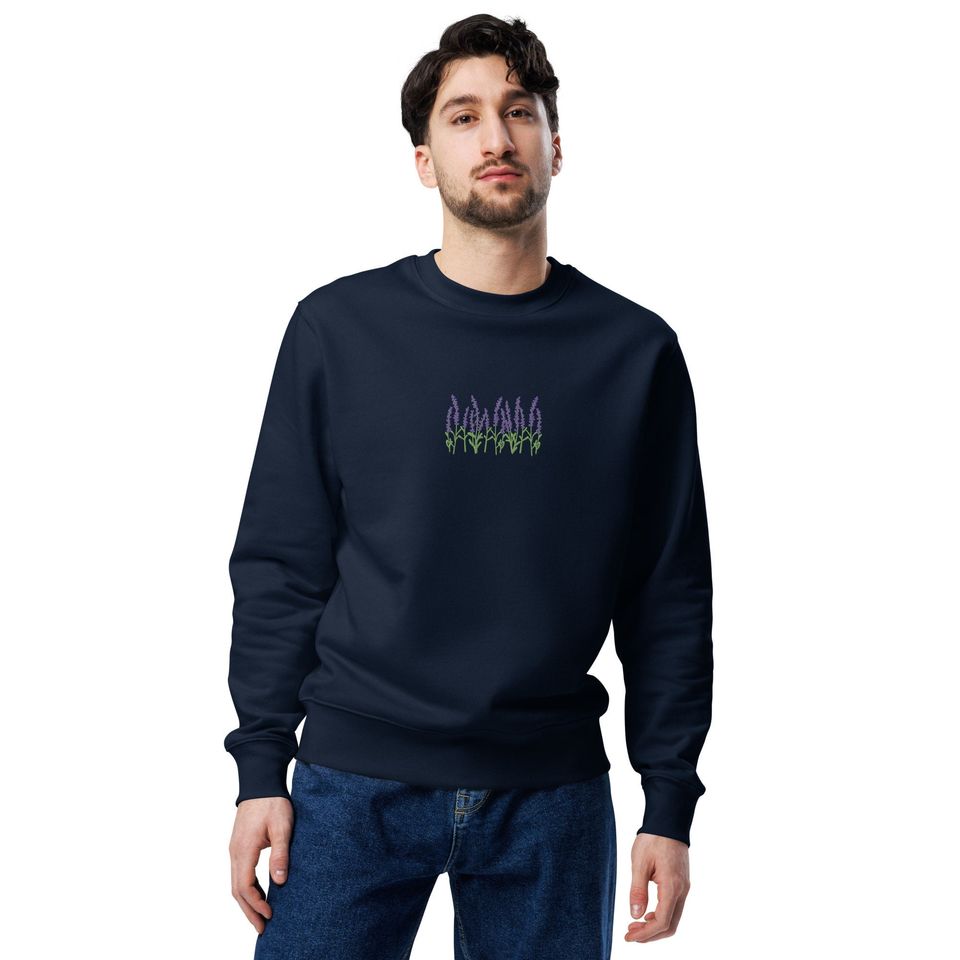 Lavender Organic Embroidered Sweatshirt Minimal Plant Design