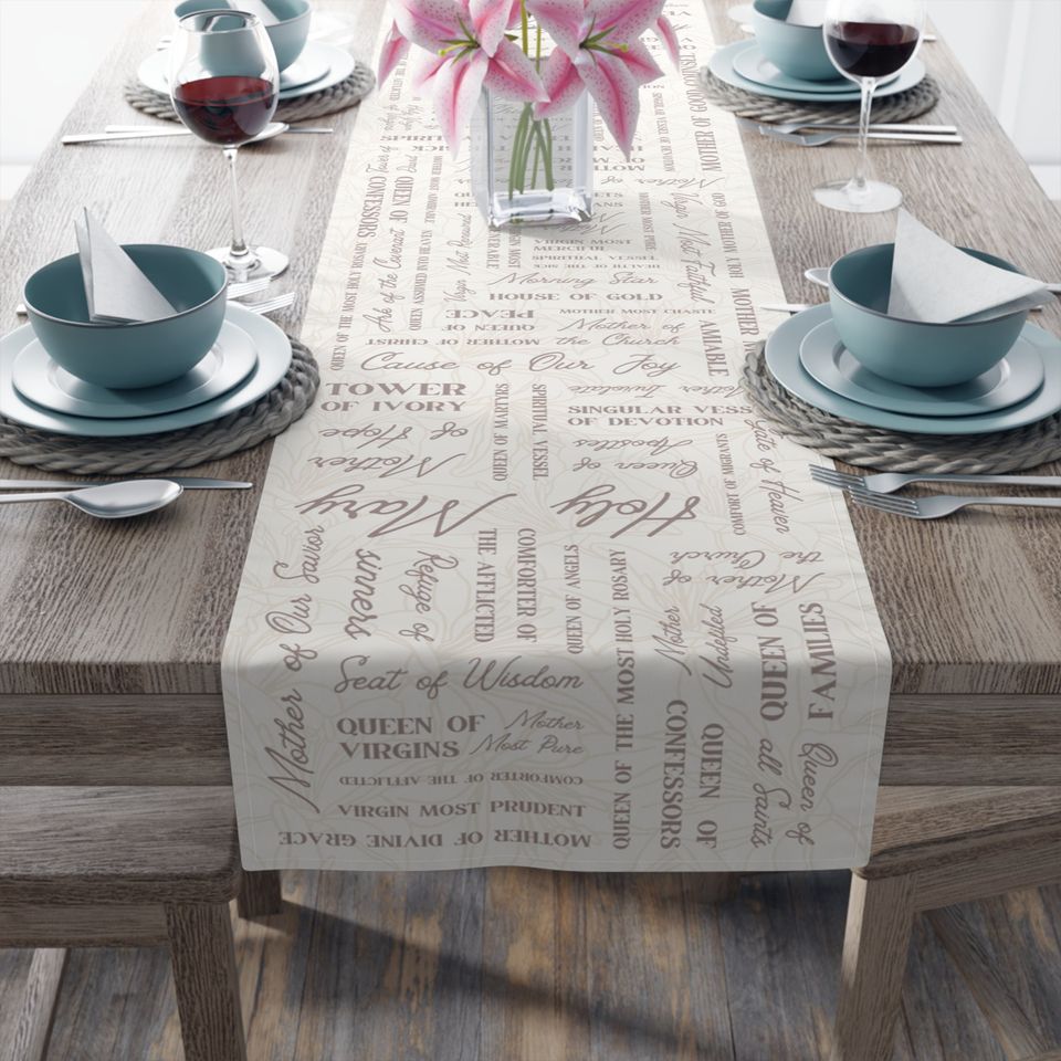 Marian Table Runner in Neutral (Cotton, Poly) | Catholic Home Decor