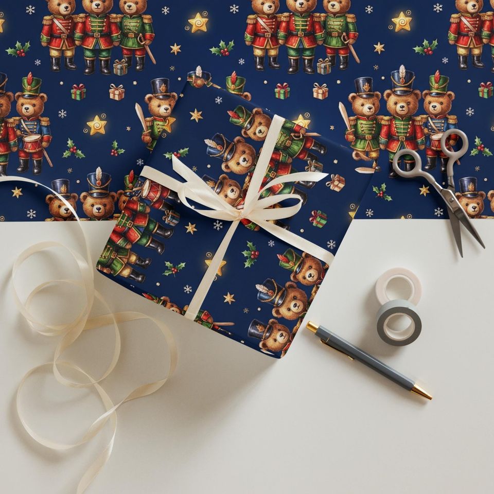Nutcracker Bear Christmas Wrapping Paper Set of 3 Sheets Navy Blue Holiday Gift Wrap