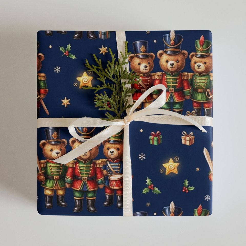 Nutcracker Bear Christmas Wrapping Paper Set of 3 Sheets Navy Blue Holiday Gift Wrap