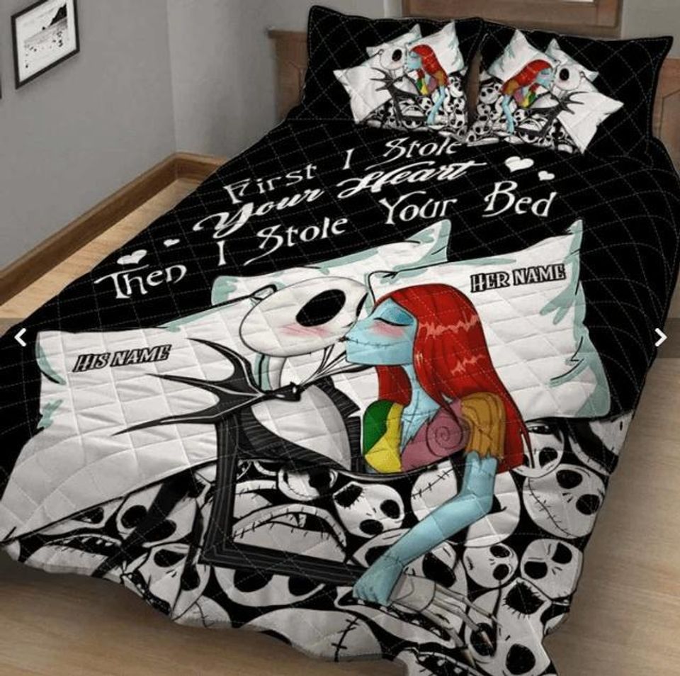 Nightmare Before Christmas Jack and Sally Bedding Set, Halloween Gothic Quilt Bed Cover
