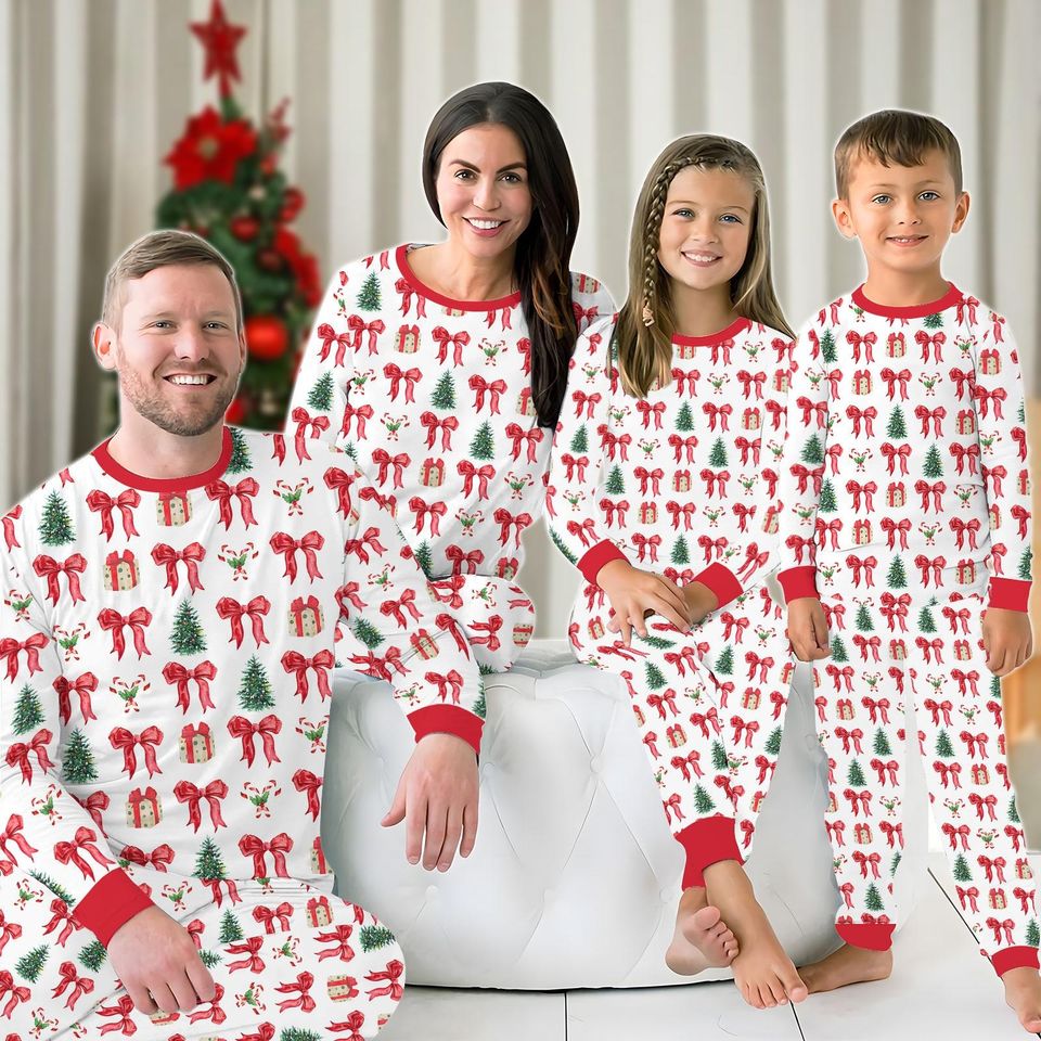 Christmas 2025 Family Pajamas Set, Red Bow Matching Costume PJs for Christmas Party, Santa Pine Tree Shirt, Fun Xmas Pattern Loungewear